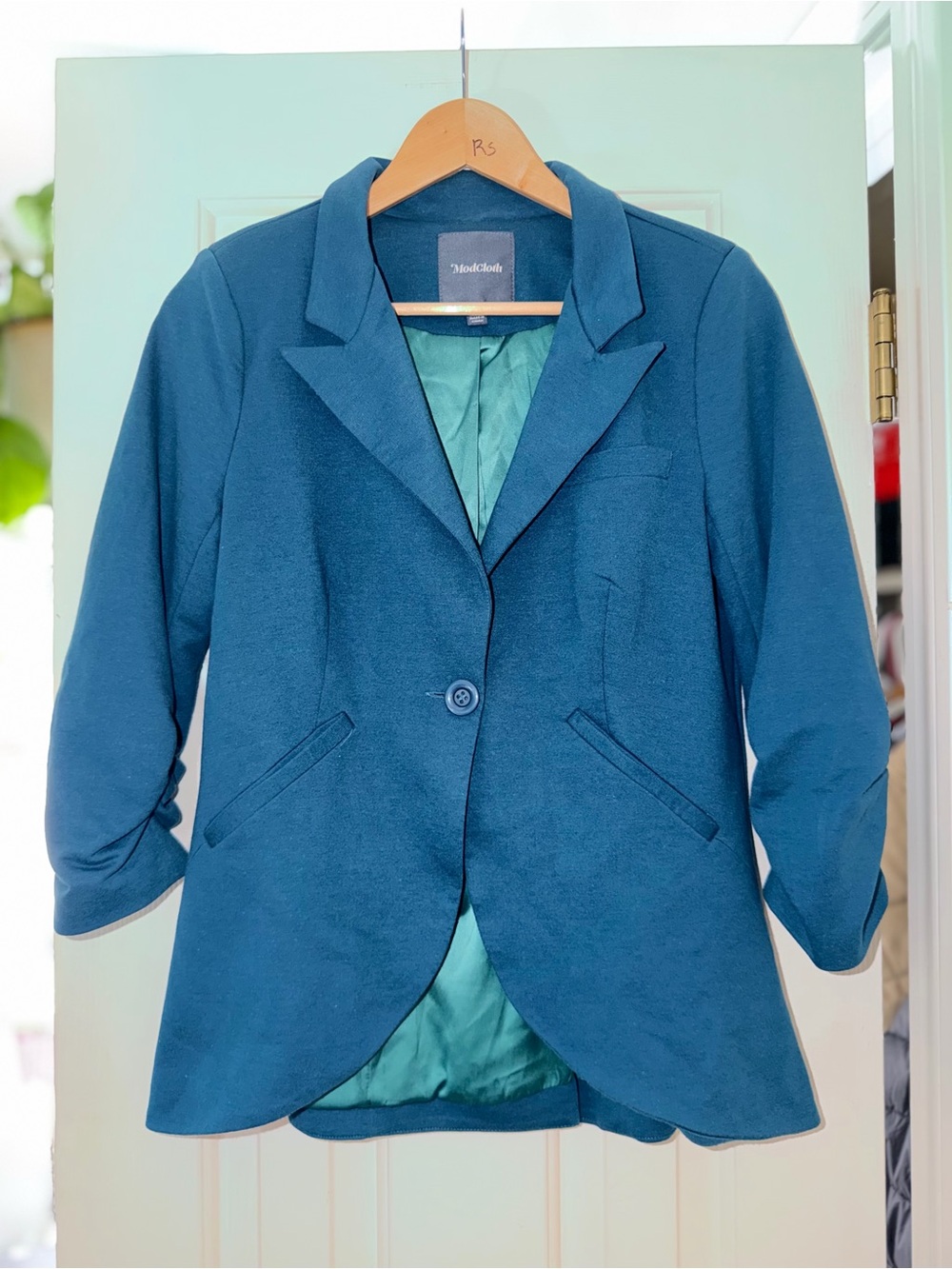 ModCloth Teal Ruched 3/4 Sleeve One Button Blazer Jacket Size M